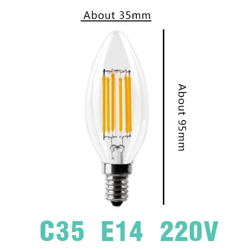 C35 Bulb E14 220V / 2 LED / No - LED Filament Bulb E27 Retro Edison Lamp 220V E14 Vintage C35 Candle Light Dimmable G95 Globe Ampoule Lighting COB Home Decor