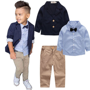 Navy blue / 2T - 2017 Boys Autumn New Gentleman Suit Jacket + Shirt + Pants 3 Pieces Coat Long Sleeve Top Cardigan Fashion Set JIOROMY k1