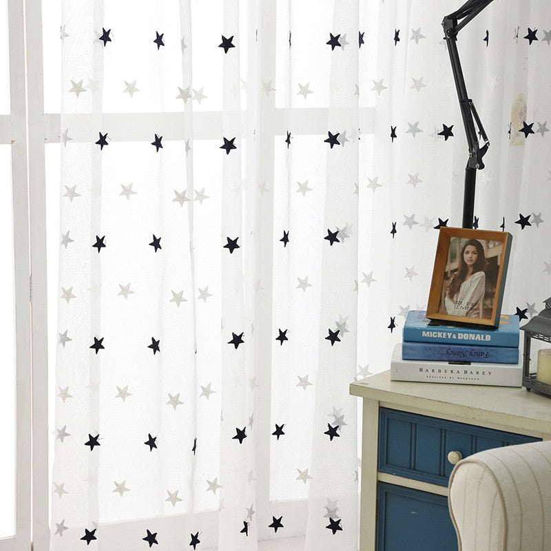 Navy Blue Stars / Contactus for Custom / Grommet - Modern Star Embroidered White Sheer Curtains for Living Room Bedroom Kitchen Tulle Curtains Kids Baby Room Door Window Curtains