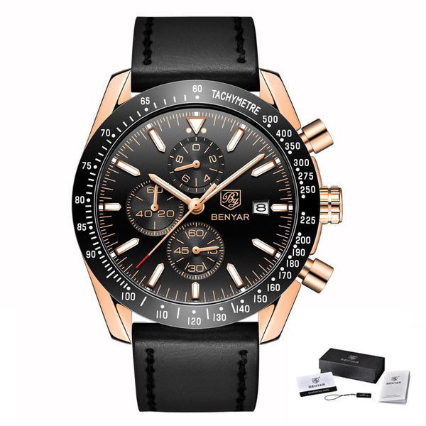 L Black Gold Black B - BENYAR Men Watches Brand Luxury Silicone Strap Waterproof Sport Quartz Chronograph Military Watch Men Clock Relogio Masculino