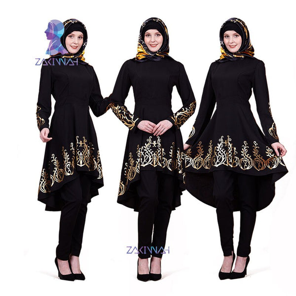 black black / L - ZK009lot Muslim hot stamping top gilded Printing Women's clothing Middle East Solid color Ramadan Islamic Abaya 3pieces/lot