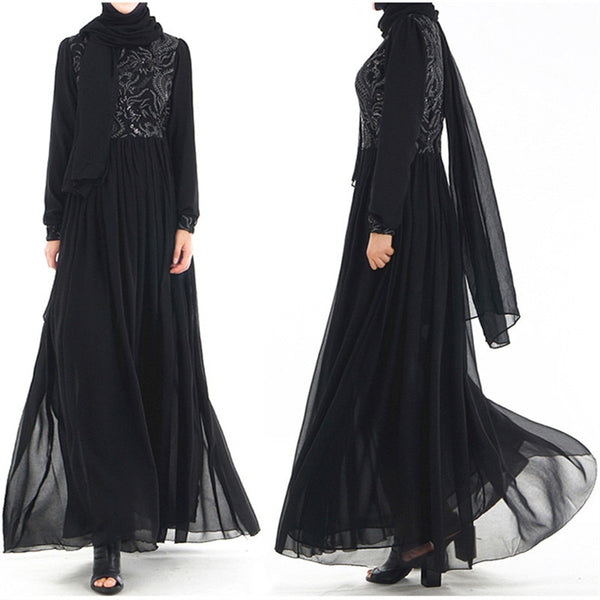 Black / L - Islamic Women's Embroidered Chiffon Abayas Muslim Long Sleeve Fashion Dress Arabic Dubai Turkish Women Clothing