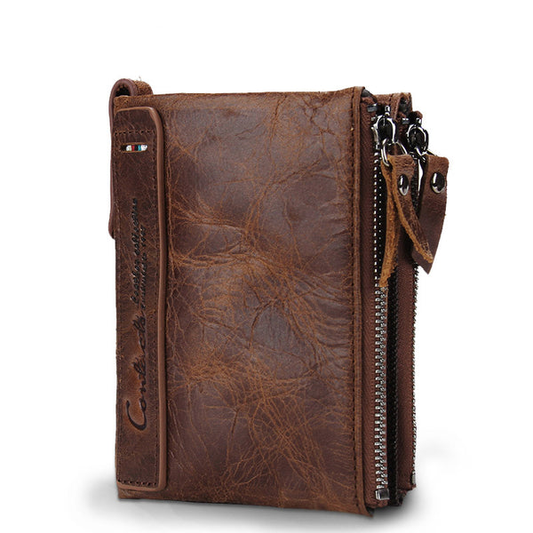 brown - CONTACT'S HOT Genuine Crazy Horse Cowhide Leather Men Wallet Short Coin Purse Small Vintage Wallets Brand High Quality Designer