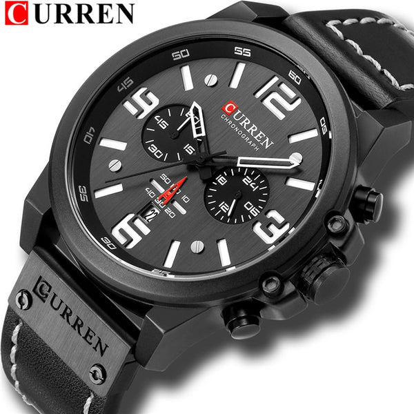 black white - CURREN Mens Watches Top Luxury Brand Waterproof Sport Wrist Watch Chronograph Quartz Military Genuine Leather Relogio Masculino