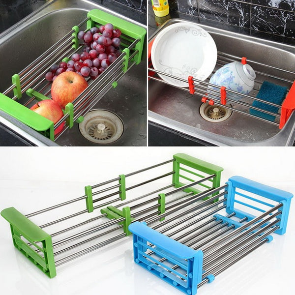 [variant_title] - Stainless Steel Adjustable Telescopic Kitchen Over Sink Dish Drying Rack Insert Storage Organizer Fruit Vegetable Tray Drainer