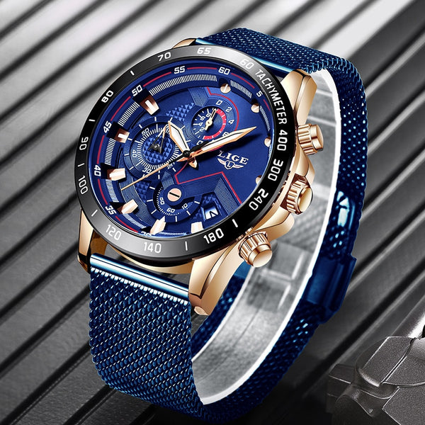 [variant_title] - 2019 New LIGE Blue Casual Mesh Belt Fashion Quartz Gold Watch Mens Watches Top Brand Luxury Waterproof Clock Relogio Masculino