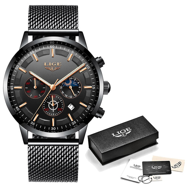 M Gold Black - LIGE Watch Men Top Brand Luxury Chronograph Male Sport Watch Quartz Clock Stainless Steel Waterproof Men Watch Relogio Masculino