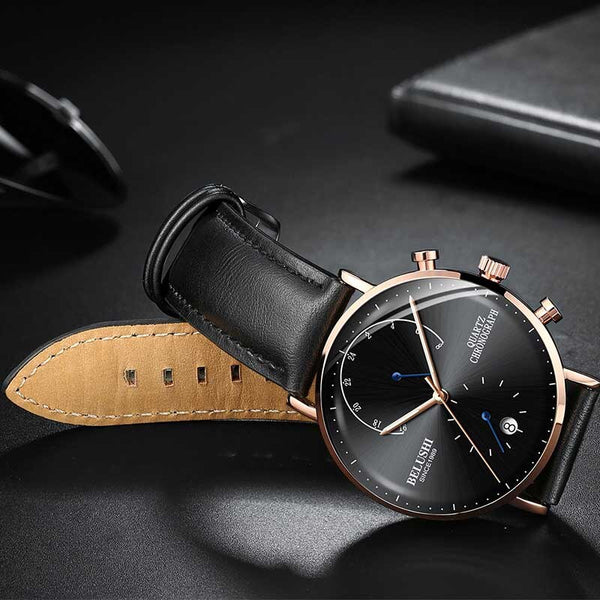 leathergoldblack - BELUSHI Fashion Quartz Watches Men Top Brand Ultra-thin Leather Men Watch Waterproof Male Auto Date Clock Relogio Masculino