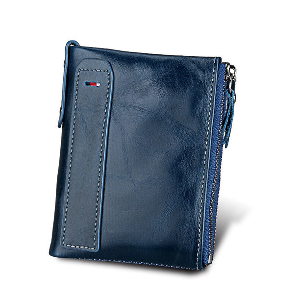 Dark Blue - 100% Genuine Leather Men Wallet Small Zipper Pocket Men Wallets Portomonee Male Short Coin Purse Brand Perse Carteira For Rfid