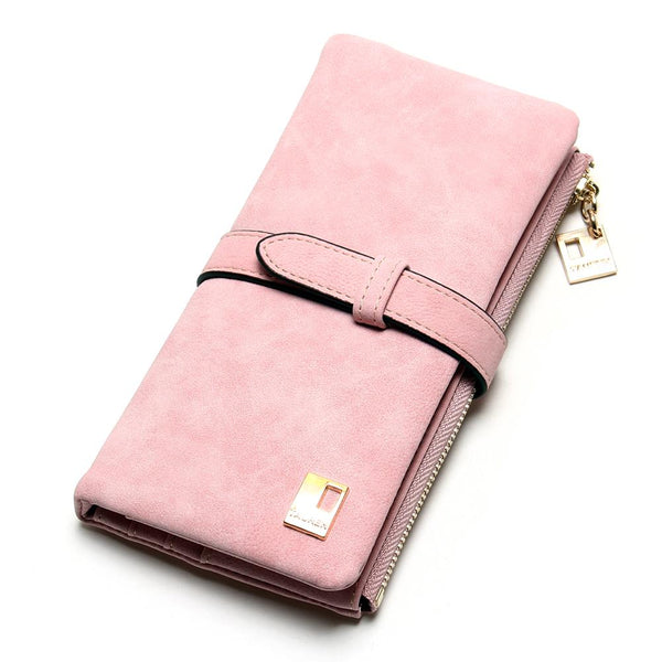 Pink - 2019 New Fashion Women Wallets Drawstring Nubuck Leather Zipper Wallet Women's Long Design Purse Two Fold More Color Clutch