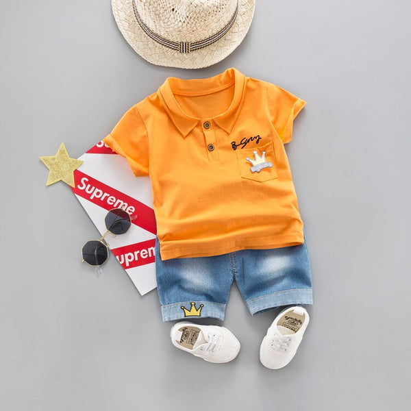 Orange / 12M - baby boys summer clothes newborn children clothing sets for boy short sleeve shirts + jeans cool denim shorts suit