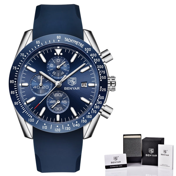 Silico Silver Blue B - BENYAR Men Watches Brand Luxury Silicone Strap Waterproof Sport Quartz Chronograph Military Watch Men Clock Relogio Masculino