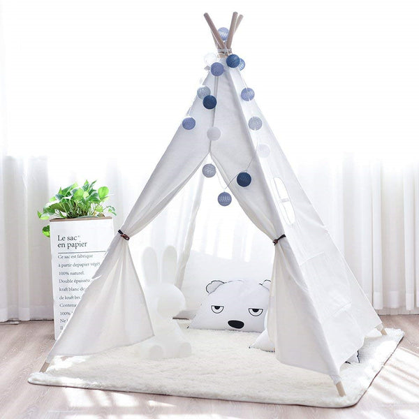 Burgundy - Large Canvas Teepee Tent Kids Teepee Tipi with Grey Pom Poms Indian Play Tent House Children Tipi Tee Pee Tent NO MAT