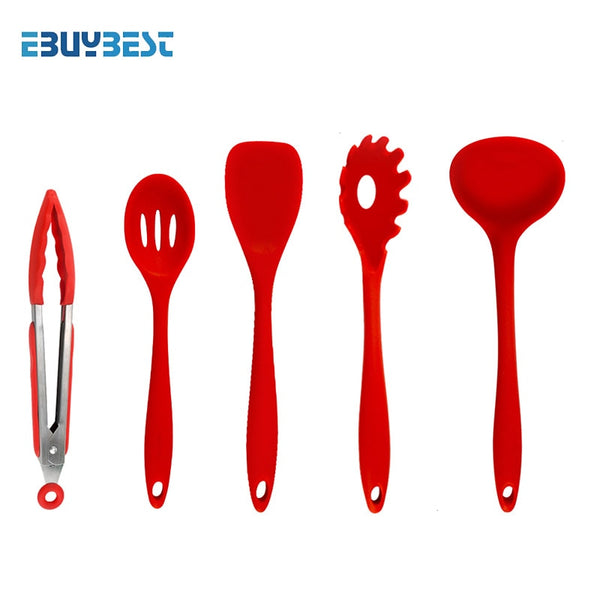 5pcs Red color - 5pcs  10pcs Cooking Tools Silicone Kitchen Utensils Spatula Spoon Tongs Ladle Spaghetti Server Slotted Turner Kitchen Tools Set