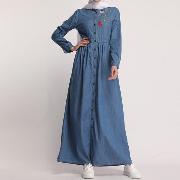 Blue Dress / L - Denim Kaftan Abaya Dubai Islam Cardigan Hijab Muslim Dress Abayas For Women Qatar UAE Oman Caftan Robe Turkish Islamic Clothing