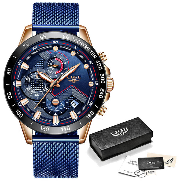 rose gold blue - 2019 New LIGE Blue Casual Mesh Belt Fashion Quartz Gold Watch Mens Watches Top Brand Luxury Waterproof Clock Relogio Masculino