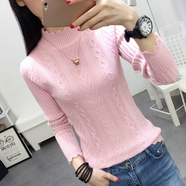 Korean winter sweater female half turtleneck sleeve head bottoming Shirt Short slim slim knit thickened solid twist