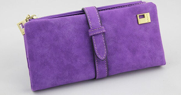 Purple - Famous Brand Long Purse Two Fold Women Wallets Drawstring Nubuck Leather Zipper Suede Wallet Ladies Carteira Feminina Clutch Bag
