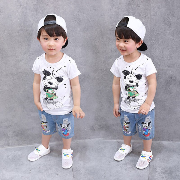 [variant_title] - Children's Wear 2018 spring Summer Baby kids Boys Sports casual Suit Cartoon boy T-shirt +Hole jeans 2pcs Set Children's Clothes