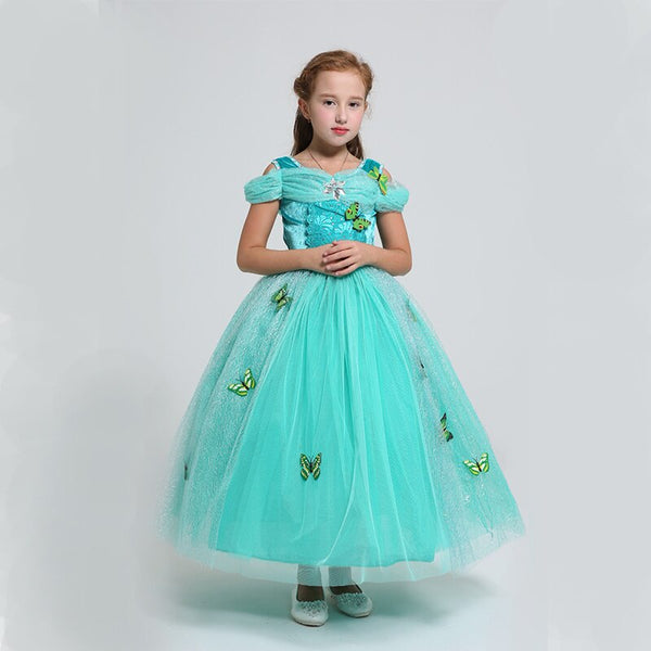 [variant_title] - Summer style long dress light green butterfly dew shoulder net yarn cartoon characters princess dress  off shoulder girl's  suit