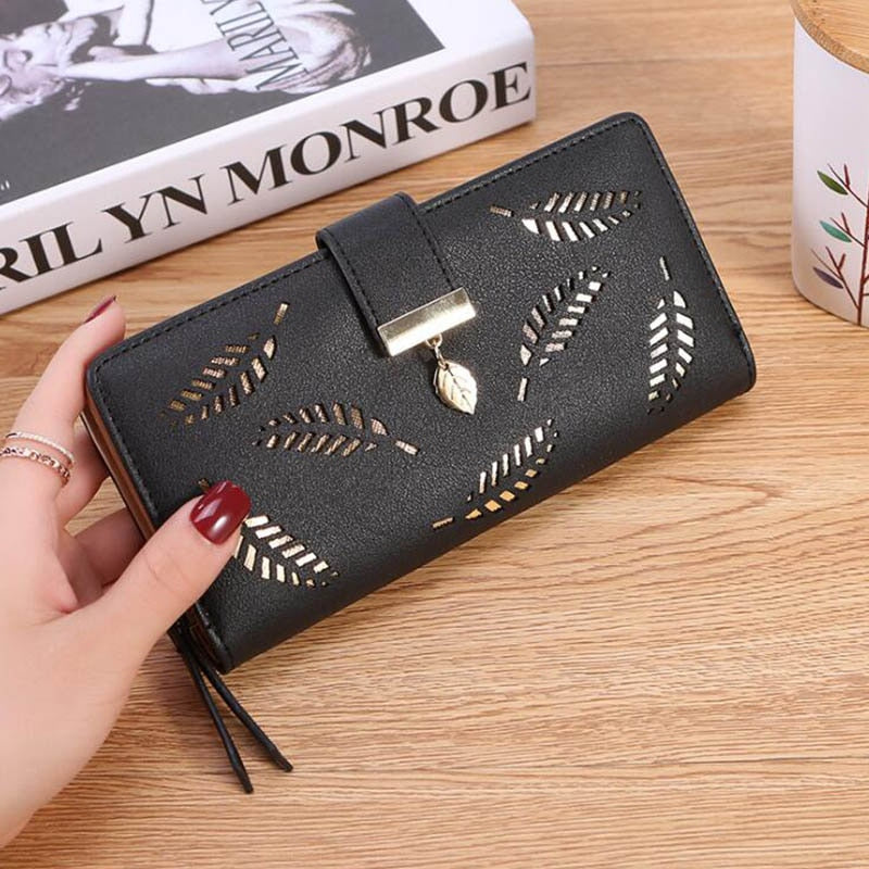 Black - Women Wallet PU Leather Purse Female Long Wallet Gold Hollow Leaves Pouch Handbag For Women Coin Purse Card Holders Clutch