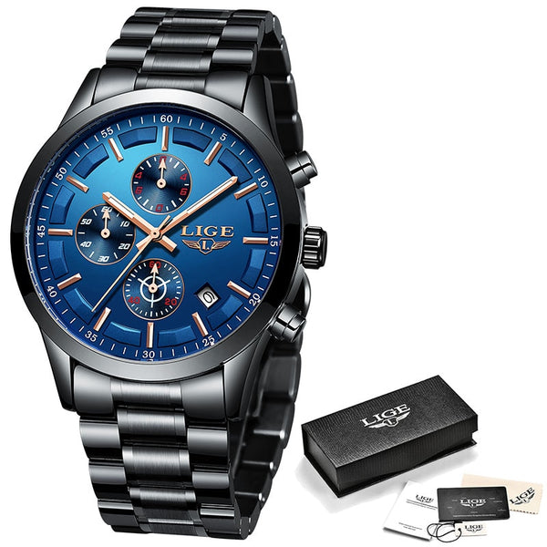 Black Rose Blue - LIGE Watch Men Top Brand Luxury Chronograph Male Sport Watch Quartz Clock Stainless Steel Waterproof Men Watch Relogio Masculino