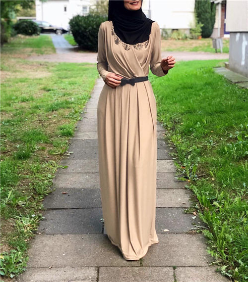 beige / L - 2019 Women Muslim Abaya Turkey Middle East Muslim Dress Musical Robe Ramadan Abaya Patchwotk Elegant Club Party Islamic Clothing