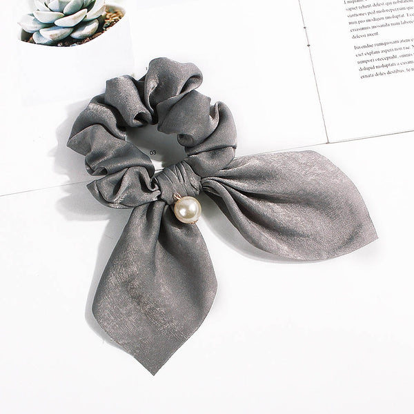 Pearl Gray - New Chiffon Bowknot Elastic Hair Bands For Women Girls Pearl Scrunchies Headband Hair Ties Ponytail Holder Hair Accessories