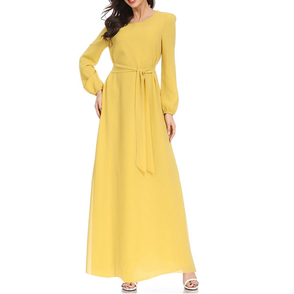 Yellow / L - Women Islamic Muslim Abaya Maxi Dress Long Sleeve Muslim Maxi Dress Trumpet Sleeve Abaya Long Robe Gowns Tunic Belt  Z416