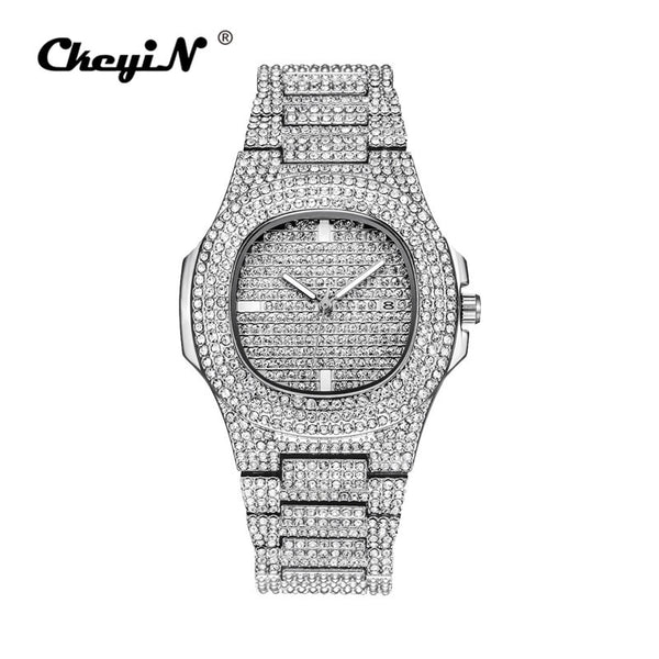 Silver - Men Watch Sliver Rose Gold Mens Watches Top Brand Luxury Diamond Stainless Steel Quartz Wristwatch Dress Business Date Clock 45