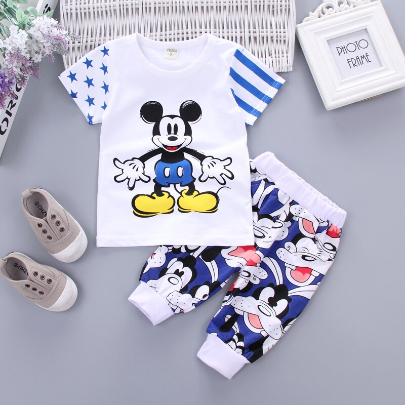 Blue / 12M - Baby Cartoon T-shirt Pants 2Pcs/Set Summer Kids Sport Clothes Toddler Tracksuit Fashion Children Boys Girls Cotton Clothing Sets