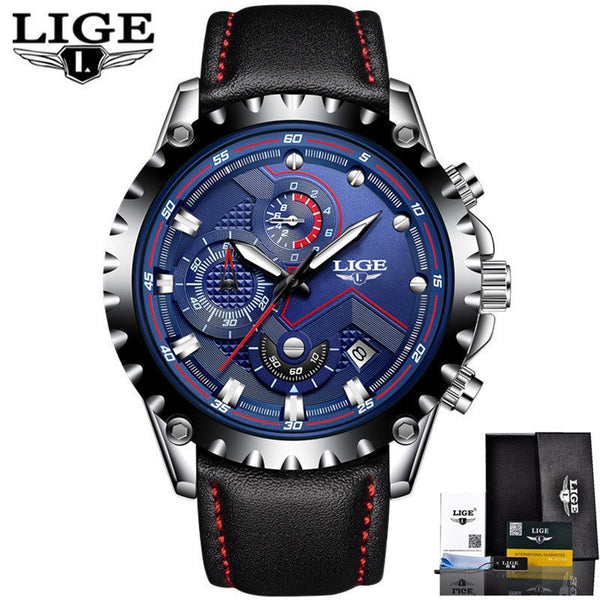 Leather Blue - LIGE Watch Men Fashion Sport Quartz Clock Mens Watches Top Brand Luxury Full Steel Business Waterproof Watch Relogio Masculino