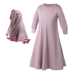 light purple / 110cm - Two Sets Traditional Flowers Kids Clothing Fashion Child Abaya Muslim Girl Dress Jilbab and Abaya Islamic Children Hijab Dresses