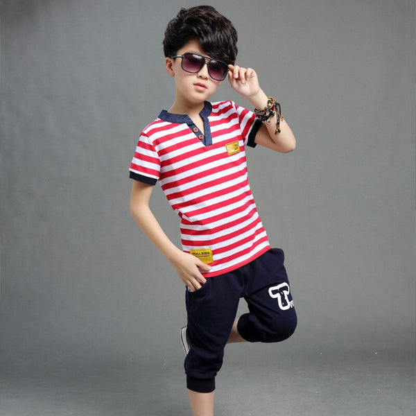 Red / 10 - Boys and Girls  Short Sleeve T Shirt +pant Kids Clothes Sets Children's Summer V-neck Stripe Two Suit Sports Sets 4-12 Ages