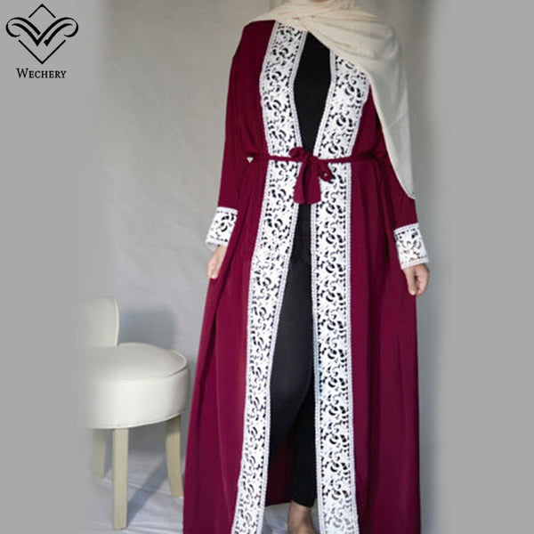 [variant_title] - Wechery Elegant Open Abaya Womens Lace Smooth Dress Plus Size Loose Dress Adult Muslim Kaftan Jilbab Garments
