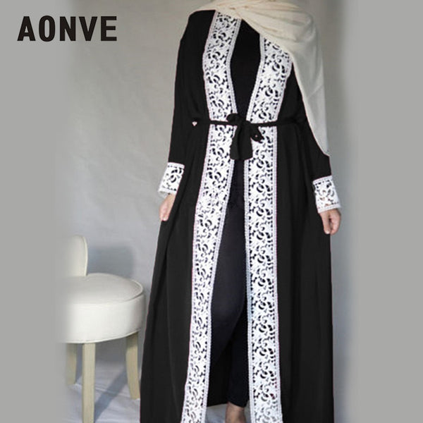 Black / L - Aonve Long Lace Red Abayas Islamic Women Djellaba Dubai Lace Turkish Robes Arab Ladies Open Kaftan Muslim Moroccan Black Abaya