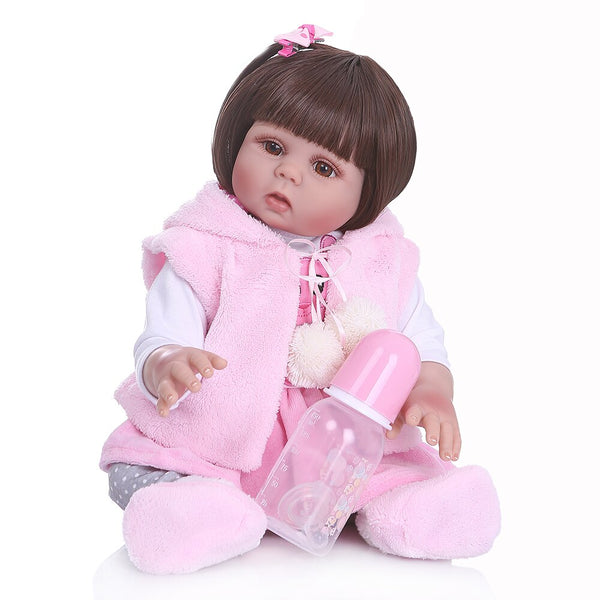 [variant_title] - NPK 48CM bebe doll reborn toddler girl doll in pink rabbit dress full body silicone baby smooth long hair Anatomically Correct