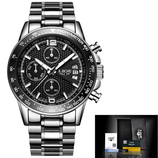steel Silver black - 2018 New LIGE Mens Watches Top Brand Luxury Stopwatch Sport waterproof Quartz Watch Man Fashion Business Clock relogio masculino