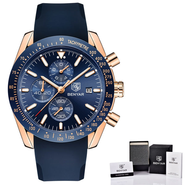 Silicone Gold Blue B - BENYAR Men Watches Brand Luxury Silicone Strap Waterproof Sport Quartz Chronograph Military Watch Men Clock Relogio Masculino