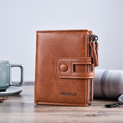 Brown - JINBAOLA Men Wallet Brand Wallet Double Zipper&Hasp Design Small Wallet  Male High Quality Short Card Holder Coin Purse Carteira