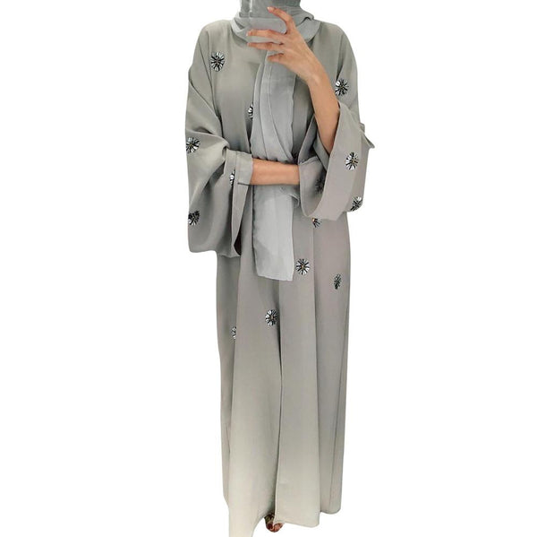Gray / L - Muslim Women Maxi Dress Plus Size Robe Embroidery Abaya Open Cardigan Dubai Paryer Ramadan Casual Kaftan Long Dress Abay