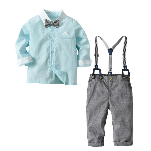 Blue / 18M - 2018 Brand New Fashion Boys Clothes Cotton Long Sleeve Bowtie Gentleman Solid Top T-Shirt Overall Long Pants Baby Clothing Set