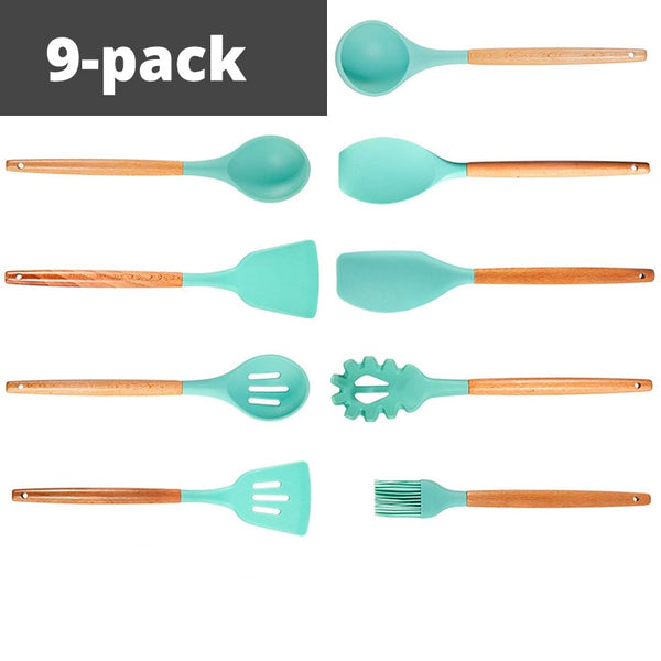 9 Pack - Silicone Cooking Utensils Kitchen Utensil set - 9&11 Natural Wooden Silicone Cooking  Utensils - Kitchen Tools Gadgets