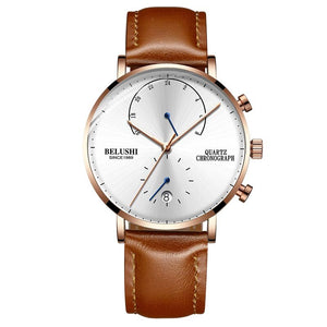 brown - BELUSHI Fashion Quartz Watches Men Top Brand Ultra-thin Leather Men Watch Waterproof Male Auto Date Clock Relogio Masculino
