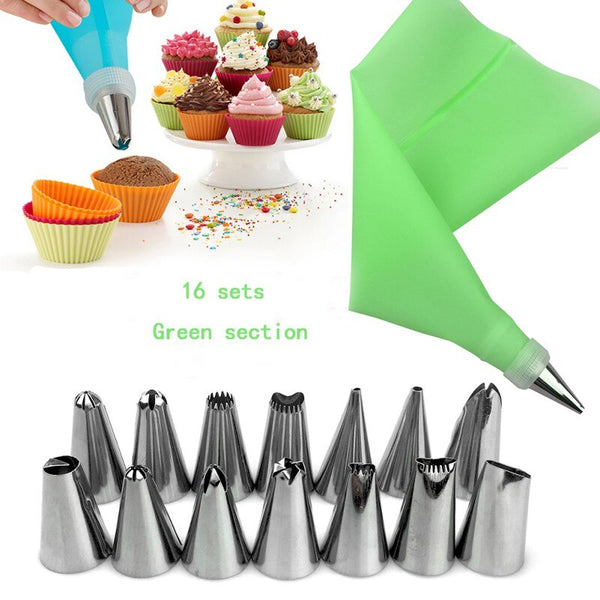 [variant_title] - 16 PCS  Silicone Icing Piping Cream Pastry Bag Stainless Steel Converter Cookie Assortment Flower Decoration DIY Cake Bake-ware