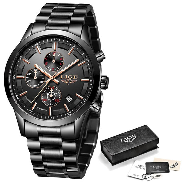Full Black Rose - LIGE Watch Men Top Brand Luxury Chronograph Male Sport Watch Quartz Clock Stainless Steel Waterproof Men Watch Relogio Masculino