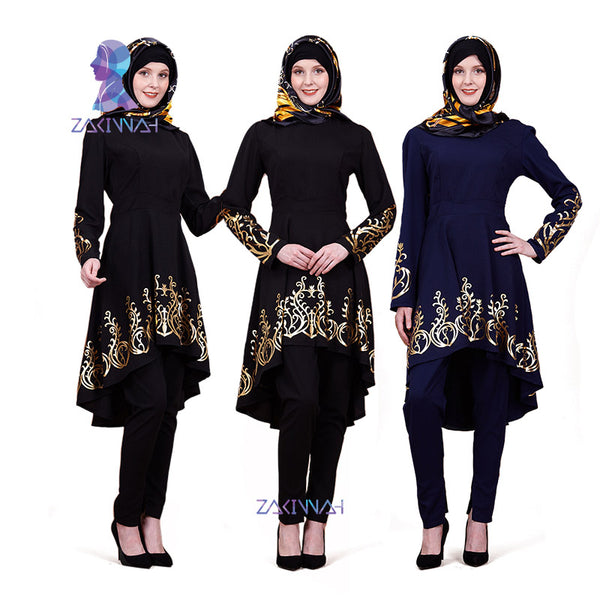 black black navy / L - ZK009lot Muslim hot stamping top gilded Printing Women's clothing Middle East Solid color Ramadan Islamic Abaya 3pieces/lot