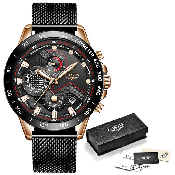 rose gold black - 2019 New LIGE Blue Casual Mesh Belt Fashion Quartz Gold Watch Mens Watches Top Brand Luxury Waterproof Clock Relogio Masculino
