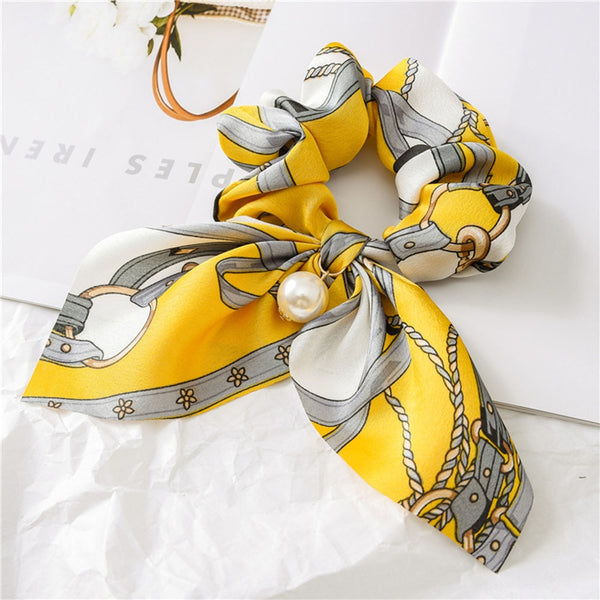 Yellow Pear l12 - New Chiffon Bowknot Elastic Hair Bands For Women Girls Pearl Scrunchies Headband Hair Ties Ponytail Holder Hair Accessories