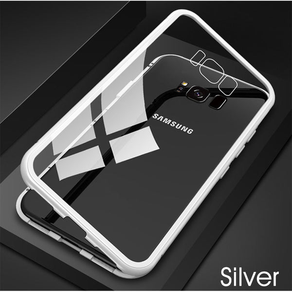 Silver / Note8 - GVU Metal Magnetic Case On For Samsung Galaxy S8 S9 S10 Plus Tempered Glass For Samsung Note8 Note9 S10E Back Magnet Cases Cover